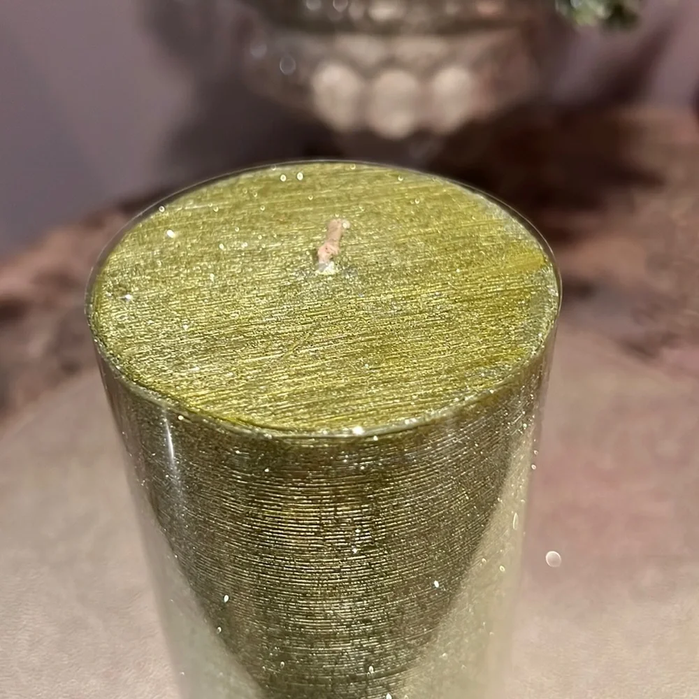 Crate & Barrel Green Shimmer Glitter Pillar Candle